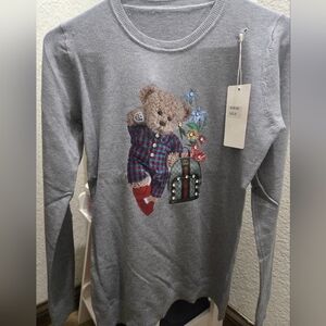 Gray Sweater with Teddy Bear and Gift Design